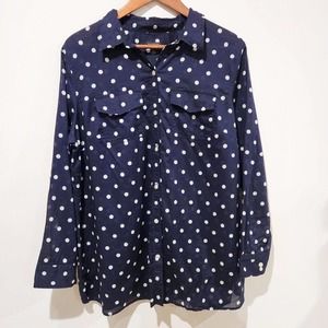 Talbots Womens Navy Blue White Polka Dot Semi Sheer Button Up Blouse Size 1X
